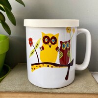 Retro Owl Coffee Mug, Cute Vintage Owls on Tree Branch Mug, Owl Mug with Rubber Lid/Coaster, Groovy 