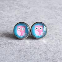 30% OFF: Owl Earrings - Pink and Blue Glass Cabochons, 12mm Silver Plated Bezel Trays, Stud Posts, W