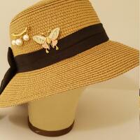 Beige Straw Sun Hat, Butterfly and Owl Accessories