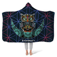 Personalized Hooded Blanket with Owl & Moon Mandala Pattern, Customizable Name Fleece Throw Blan