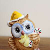 vintage 80s Yellow Hat Mr. Owl Santa Claus Christmas Candy Cane Ceramic Holiday Decor Shelf Sitter F