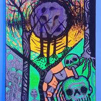 Original Mixed Media Art,Bright Halloween Spooky Owl Mushrooms Painting,Silver Leaf Gothic Mixed Med