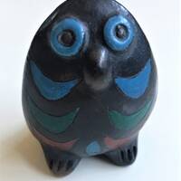 Vintage Mexican Oaxaca Black Pottery owl figurine, barro negro black mud, Mexico