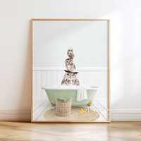 Owl Bathroom Art Print, Vintage Bathtub, Cottage Green