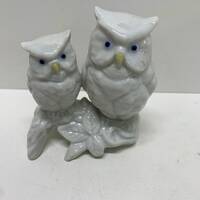 vintage dime store white ceramic owls sitting on a branch Japan.