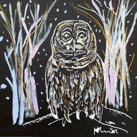 Owl in the forest, original gouache painting, original contemporary art, kids children's bedroom