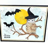 Halloween Card - Owl Halloween Card - Bats -Witches Hat - Moon -Handmade Halloween Greeting - Happy 