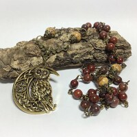 Pentagram Moon and Owl Pagan Rosary Necklace Jasper Pentacle Wiccan Jewelry Pagan Jewelry Rosary Bea