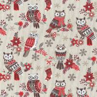 Textiles français The Festive Owls fabric (Beige/Red)