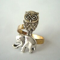 owl and elephant ring, adjustable ring, animal ring, silver ring, statement ring