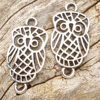 Filigree Owl Charm, Owl Connector Charm, Silver Tone Owl Charm (4) - S117