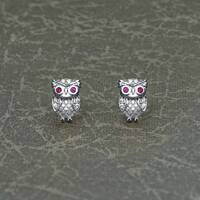 925 Sterling Silver Owl Earrings with Cubic Zirconia For Women, Small Owl Stud Earrings with Pink an