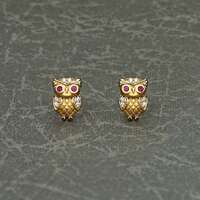Gold Plated 925 Sterling Silver Owl Earrings with Cubic Zirconia For Women,Small Gold Owl Stud Earri