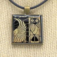 Resin Pendant, Owl, Black, Yellow, 1 inch, Square, Bird, Wing
