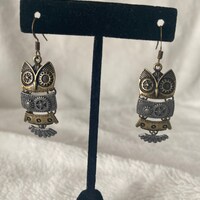 Steam punk gear tiered drop dangle owl earrings in antique metal look