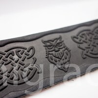 LEATHER embossed Wide Bracelet wristband OWL symbol handmade Adjustable
