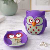 Ceramic Owl Figurine with Matching Trinket Dish – Jewelry Holder Gift for Owl Lover