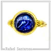 Owl coin ring tetradrachm with blue enamel on oxidized sterling silver coin set in 18 karat gold fil