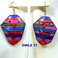 Handmade 1970s Painted Wood Owl Dangle Earrings