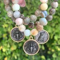 Bee and Owl Coin Bracelets, Amazonite Stone Rainforest Jasper and Ceramic Earth Color Beads Natural 