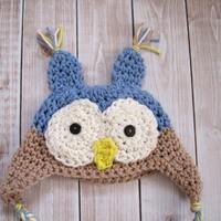 Crochet Baby Owl Hat: Blue Cotton Newborn Photo Prop