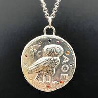 Athenian Owl pendant with Sapphires in sterling silver, ancient greek coin