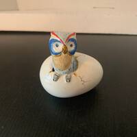 Baby Owl on an Egg Figurine Mexican Pottery, Colorful Blue Owl, Just Hatched Baby Owl Artist Signed,