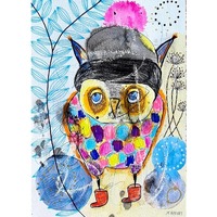 Original Whimsical Owl Art: Naive Art Mixed Media Painting