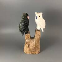 Stone Owl Sculpture - Two Owls on a Tree Stomp from Peru