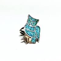 Sterling silver owl ring-Native American-blue inlay-small size 3 1/2