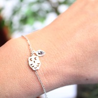 Owl Bracelet, Personalized Owl Bracelet, Owl Charm And Initial Leaf Bracelet, Gold Owl Bracelet, Wed
