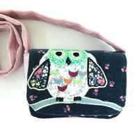 Small Handmade Crossbody,  Owl Embroidery Bag, Wide Chenille Strap, Individually Created, Ethnic Gif