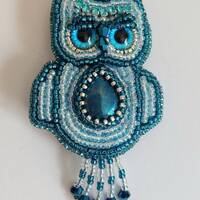Bead Embroidered Owl Brooch: Blue Hematite, Crystal Bird Pin
