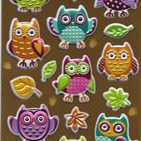 Foil Owls and Leaves Puffy Sticker Set  | 16 Adorable Colourful Stickers  | Crafting Supplies | Scra