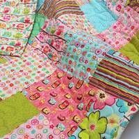 Owl Baby Girl Quilt: Modern Patchwork, Pink Blue Green