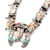 Wonderous Owls Zuni Inlay Shell Silver Turquoise MOP Vintage Native American Handmade Necklace