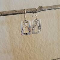SALE, Owl Earrings, Sterling Owls, Rectangle Frame with cut out Owl, Beaded Owl Eyes, Crystals in Bo
