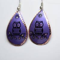 Purple Owl Copper Earrings, Teardrop Gypsy Earrings, Colorful Handmade Copper Earrings, Boho Hippie 