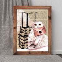 White Owl Wall Art, Old Books Print, Owl Print, Dark Academia Wall Art, Dark Academia Print, Vintage