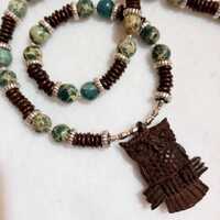 Carved Wood Owl Silver Blue Beaded Necklace