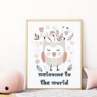 Nursery boho owl wall art with a quote, 'welcome to the world', baby kids room wall decor, p