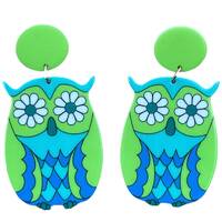 70s Hippie Flower Owl Earrings Retro Vintage Boho Colorful Animal Kitsch Funky 60s Style