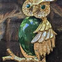 Vintage Gerry's Owl Brooch Pin Green Gold Tone