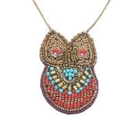 Vintage Artisan Made Beaded Owl Felt Backed Pendant on 30 Inch Gold Tone Chain with Lobster Claw Cla
