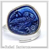 Athena Owl Coin Tetradrachm Ring Museum Replica: Transparent Blue Enamel on Sterling Silver Coin
