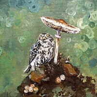 The Little Owl and the Toadstool. Acrylic Painting on paper (Giclee, Hahnemühle Bamboo) - 17cm/