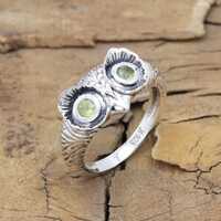 Owl Ring, Solid Sterling Silver Ring, Birthstone Ring, Gemstone Ring, Peridot Ring, Owl Face Ring, H