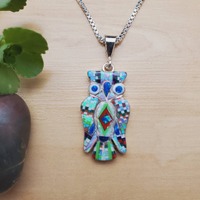 TT #105 Inlay Opal Multicolor Owl Necklace Pendant With Silver Chain 16 or 18 in | Sterling Silver I
