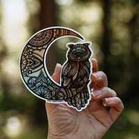 Colourful Owl & Moon Vinyl Sticker