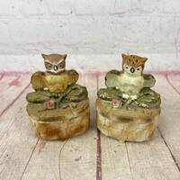 Pair of Vintage Bisque Owl Trinket Boxes Candleholder